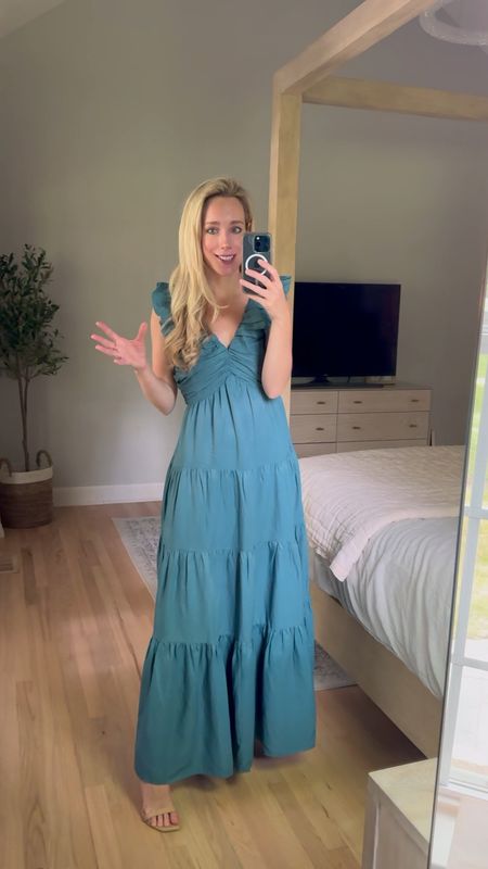 Love this ruffle maxi dress. Would be so pretty as a wedding guest dress or a family photo dress! Sundress summer dress maxi dresses formal dress long dress ruffled dress teal dress blue dress 

#LTKVideo #LTKWedding #LTKSeasonal