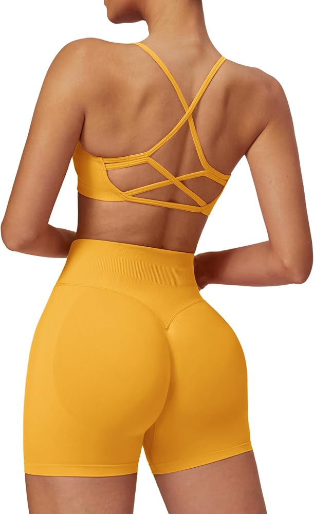 ABOCIW 2 Piece Seamless Workout Sets for Women Scoop Neck Strappy Sports Bra Scrunch Butt Lifting... | Amazon (US)