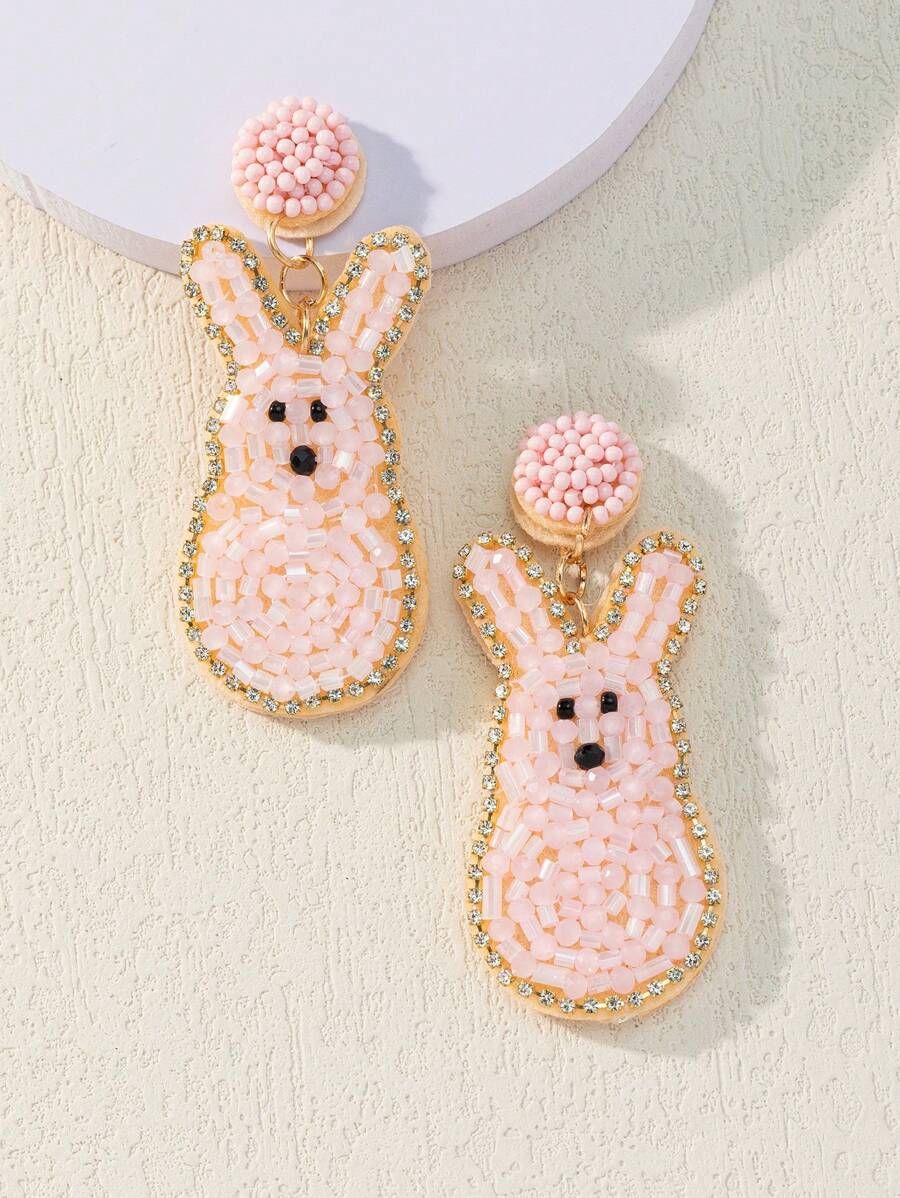 1pair Easter Crystal Bunny Shaped Stud Earrings With Shiny Rhinestones Handmade Pendant | SHEIN