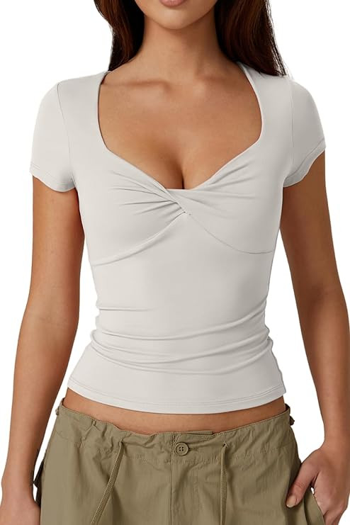 QINSEN Women's Sexy Twist Front V Neck T Shirts Double Lined Short Sleeve Slim Fit Crop Top Trend... | Amazon (US)