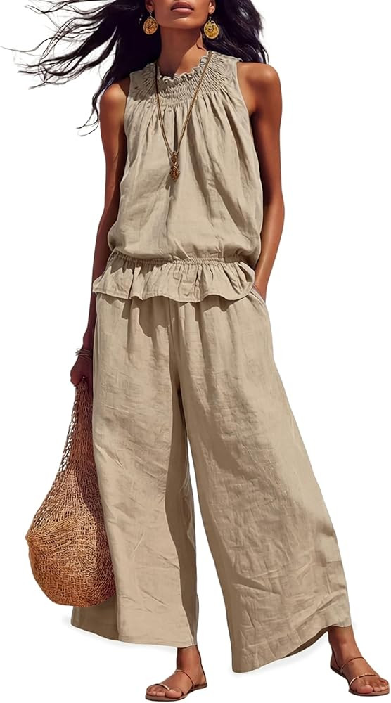 Tanming Women's Linen 2 Piece Outfits Sleeveless Ruffle Top Wide Leg Pants Summer Loungewear Beac... | Amazon (US)