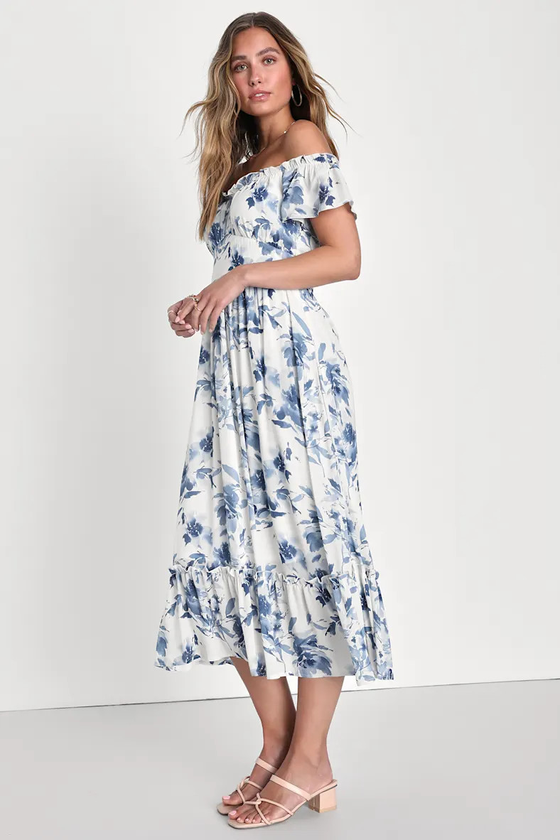 Delightfully Sweet White Floral Off-the-Shoulder Midi Dress | Lulus