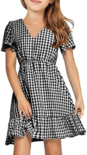 UMEKO Girls Dress Kids Casual Summer V Neck Short Sleeve Ruffle Dresses | Polka Dot, Button Down,... | Amazon (US)