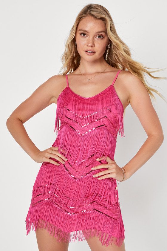 Dancefloor Dazzler Hot Pink Sequin Fringe Sleeveless Mini Dress | Lulus