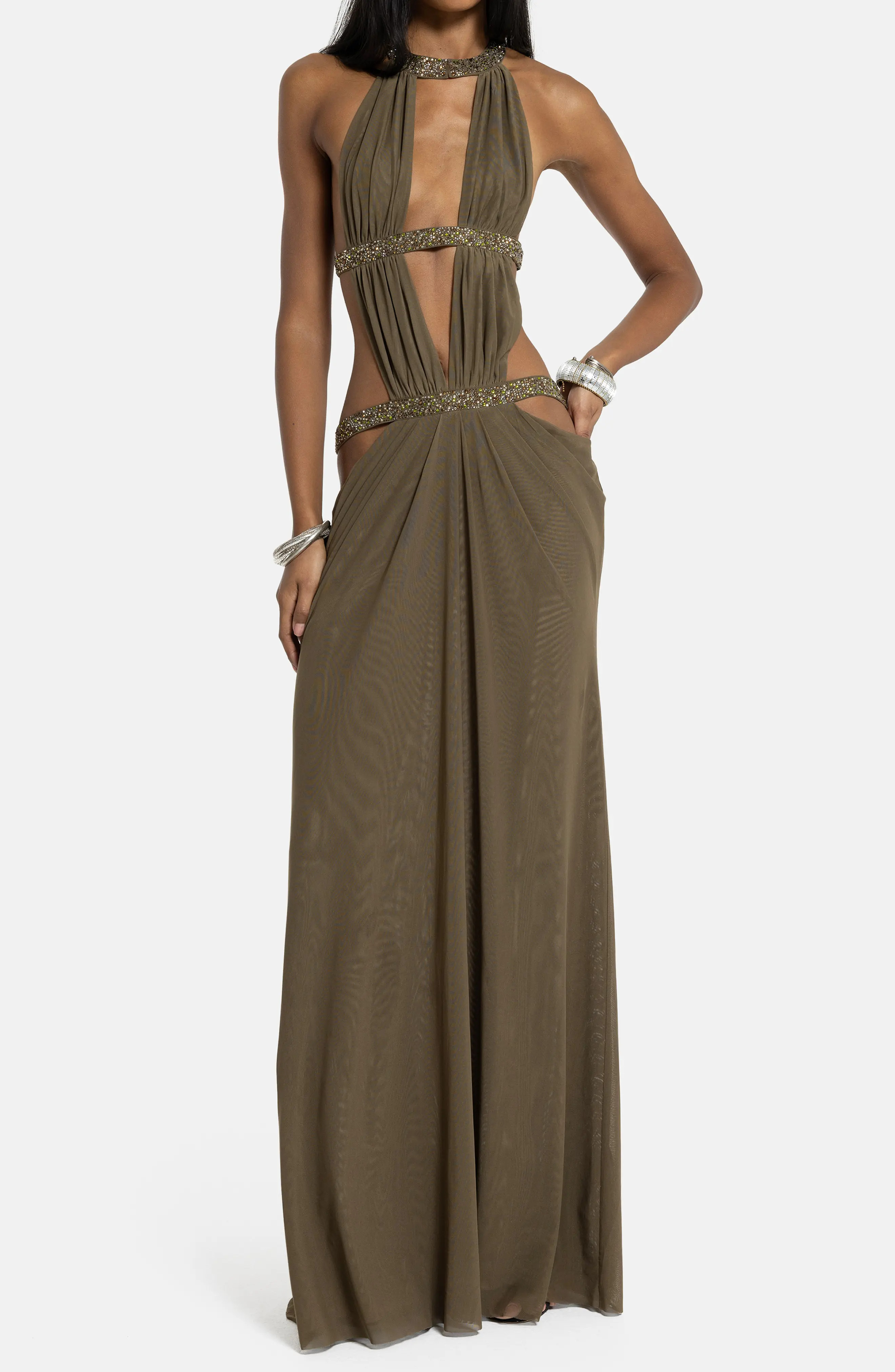 Bead Detail Plunge Neck Open Back Maxi Dress (Women) | Nordstrom | Nordstrom