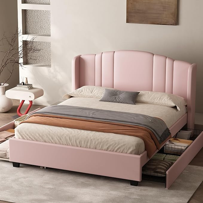 Queen Bed Frame withT rundle and 2 Storage Drawers, Upholstered Platform Bed with Wingback Headbo... | Amazon (US)