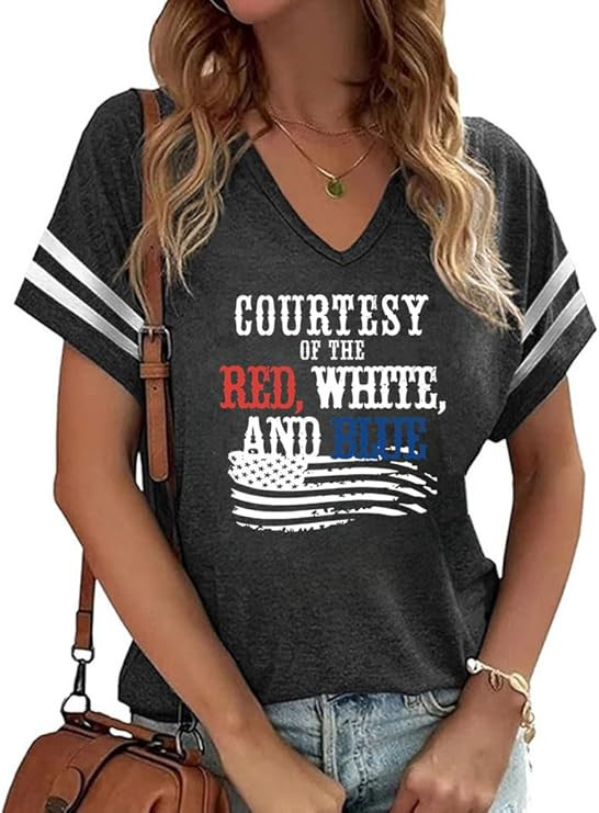 American Flag Shirts Women 4th of July V-Neck Short Sleeve Patriotic T-Shirt Memorial Day Graphic... | Amazon (US)