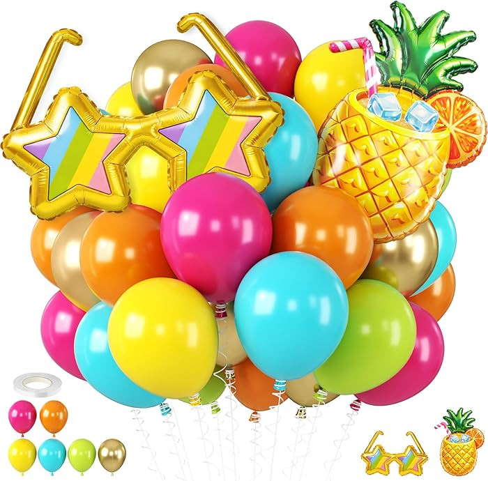Tropical Balloons, Sunglasses Pineapple Foil Balloons, 12 Inch Teal Metallic Gold Hot Pink Orange... | Amazon (US)