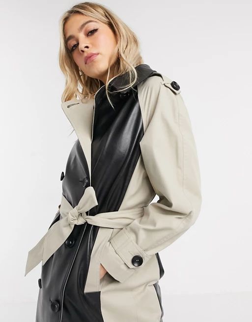 ASOS DESIGN leather look paneled trench coat in stone | ASOS US