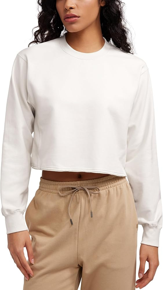 CRZ YOGA Womens Fleece Cropped Sweatshirts Crewneck Long Sleeve Double Raw Hem Workout Casual Pul... | Amazon (US)