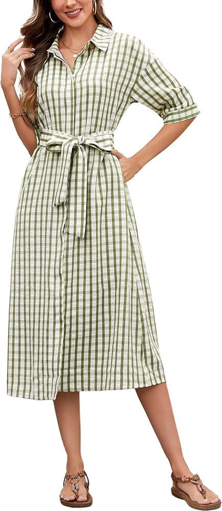 Women's Half Sleeve Plaid Maxi Dress 2026 Spring Summer Gingham Casual Button Down Long Loose Bel... | Amazon (US)