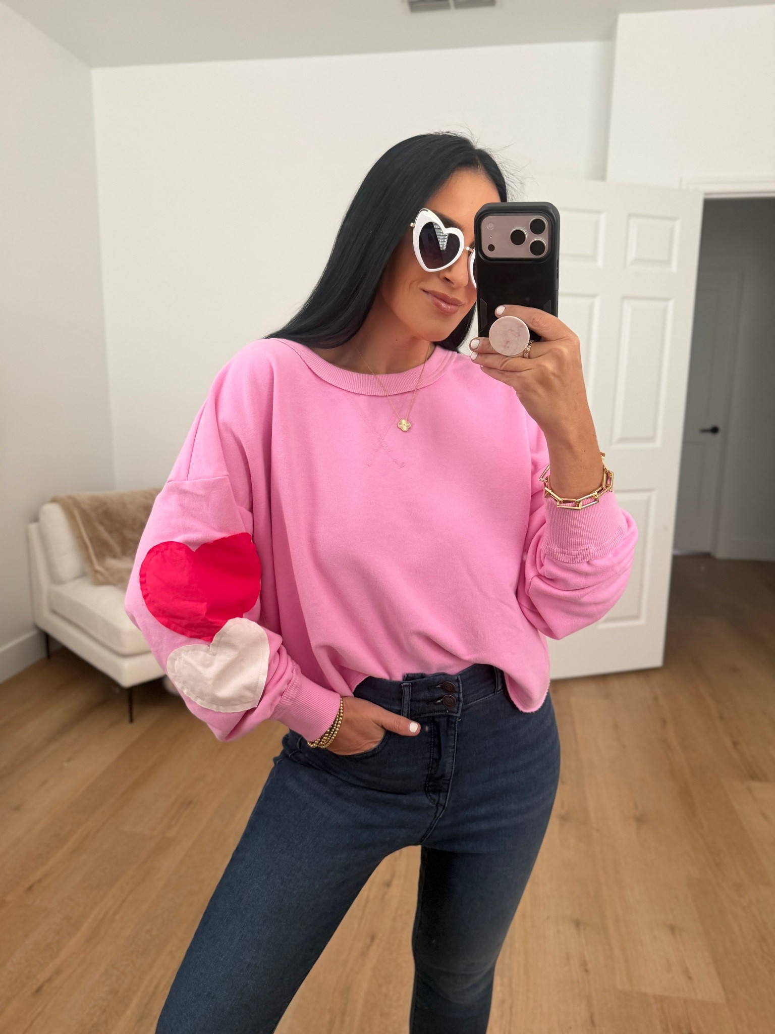 Women's Valentine's Day Patchwork Crewneck Sweatshirt - JoyLab™ Pink wearing size medium