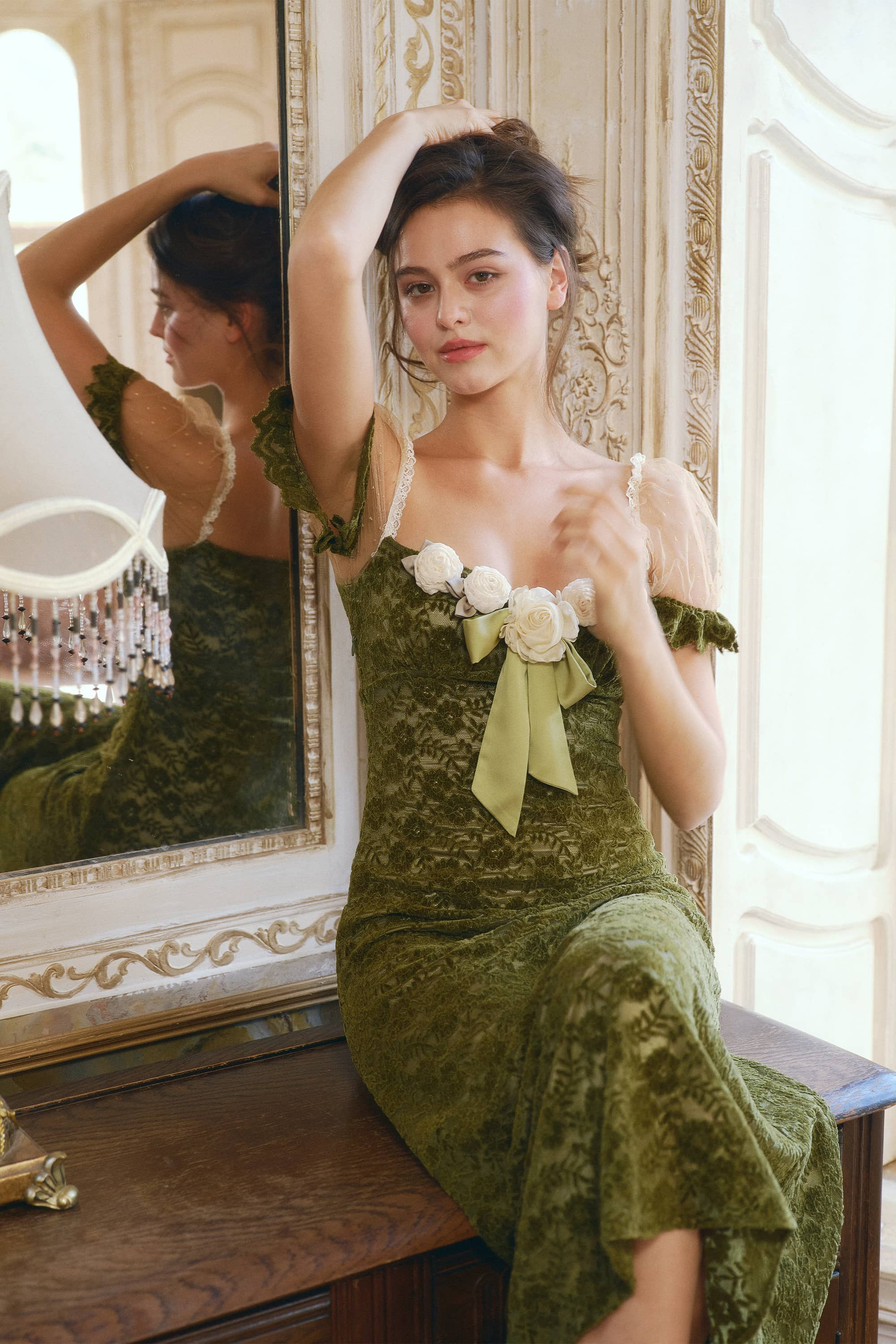 Lila Chenille Lace Midi Dress in Olive Green | American Heiress