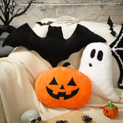 Huwena 3 Pcs Halloween Throw Pillows, Pumpkin Ghost Bat Shapes Pillows | Amazon (US)