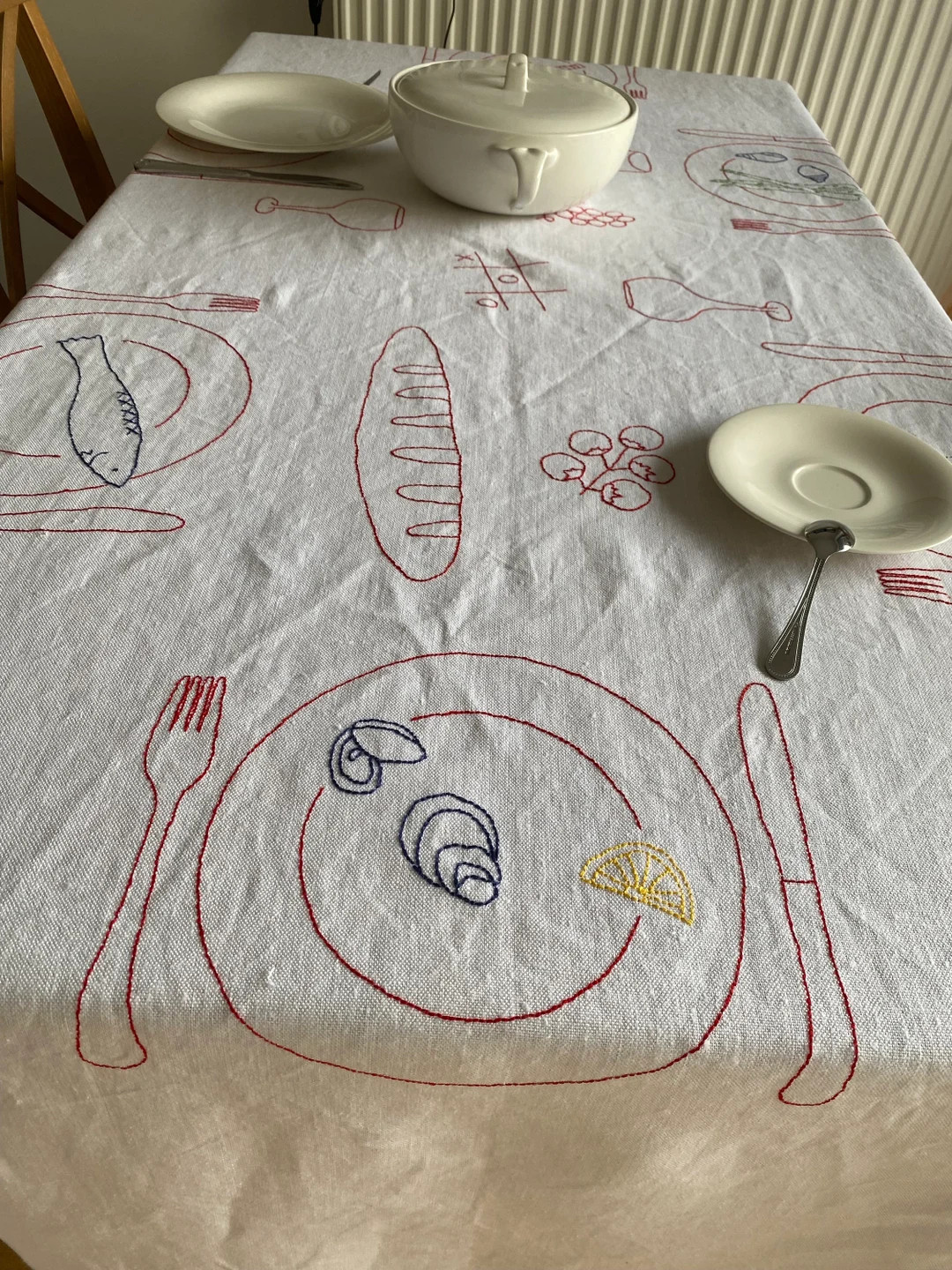 Hand Embroidered Dinner for 6 Linen Table Cloth With Plates Allocation , Cutlieries , Food and Dr... | Etsy (US)