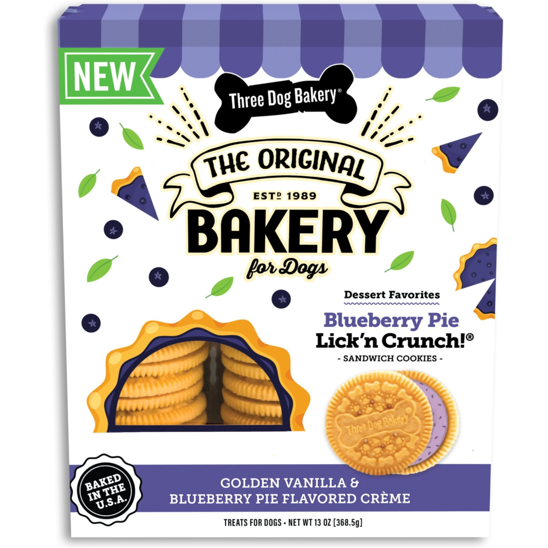 Three Dog Bakery Blueberry Pie Lick'n Crunch Cookie Dog Treats, 13-oz box | Chewy