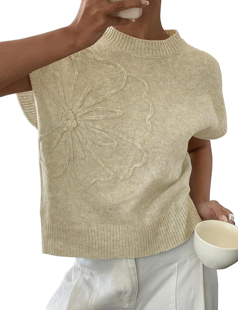 Womens Floral Sweater Vest Cute Cap Sleeve Tops 3D Flower Decor Knit Tank Top Loose Spring Fall S... | Amazon (US)