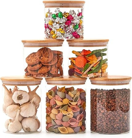 EZOWare Set of 6 Glass Food Jars with Airtight Natural Bamboo Lids, 30oz + 47oz Kitchen Clear Can... | Amazon (US)