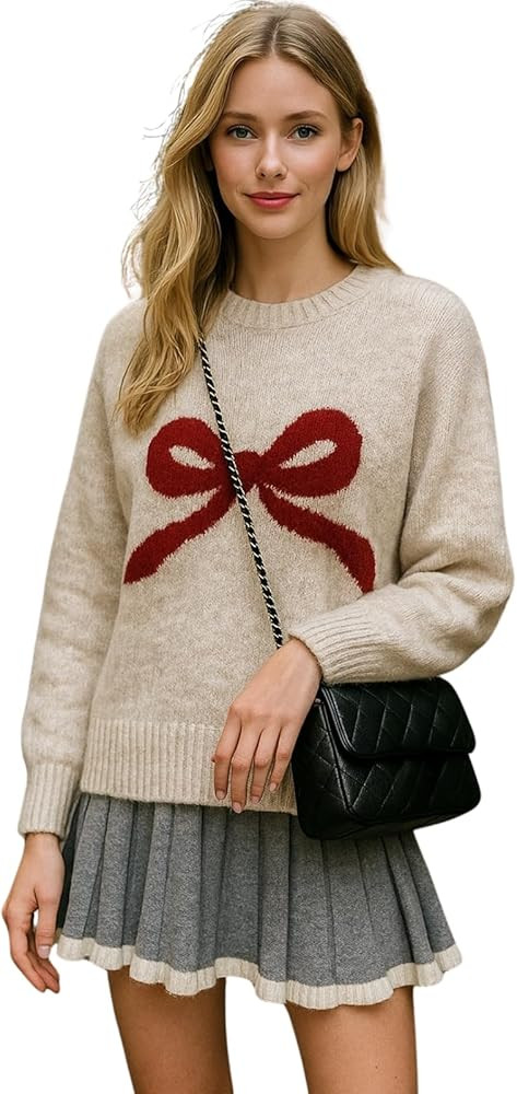 Knit Pullover Sweaters for Women Y2k Bow Loose Fit Chunky Sweater Oversized Cute Lightweight Tops... | Amazon (US)