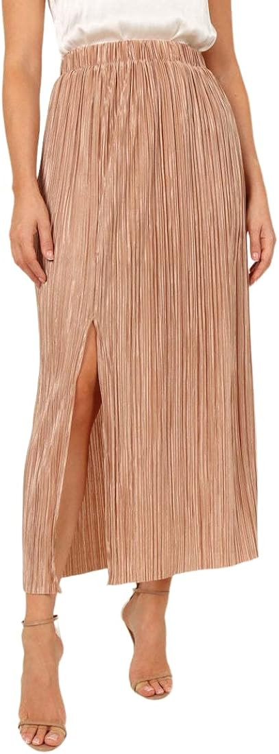 Rooscier Women's Pleated Side Split Elastic High Waist Shiny Party Midi Long Skirts | Amazon (US)