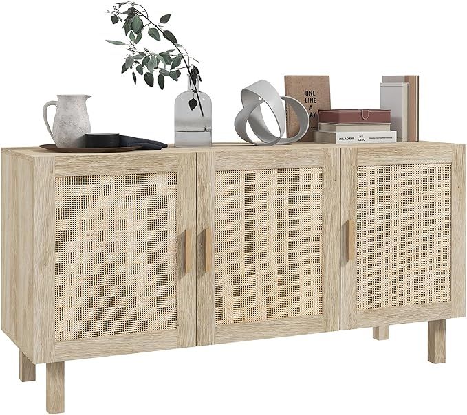HOMCOM Sideboard Buffet Cabinet, Kitchen Cabinet, Coffee Bar Cabinet with 3 Rattan Doors and Adju... | Amazon (US)