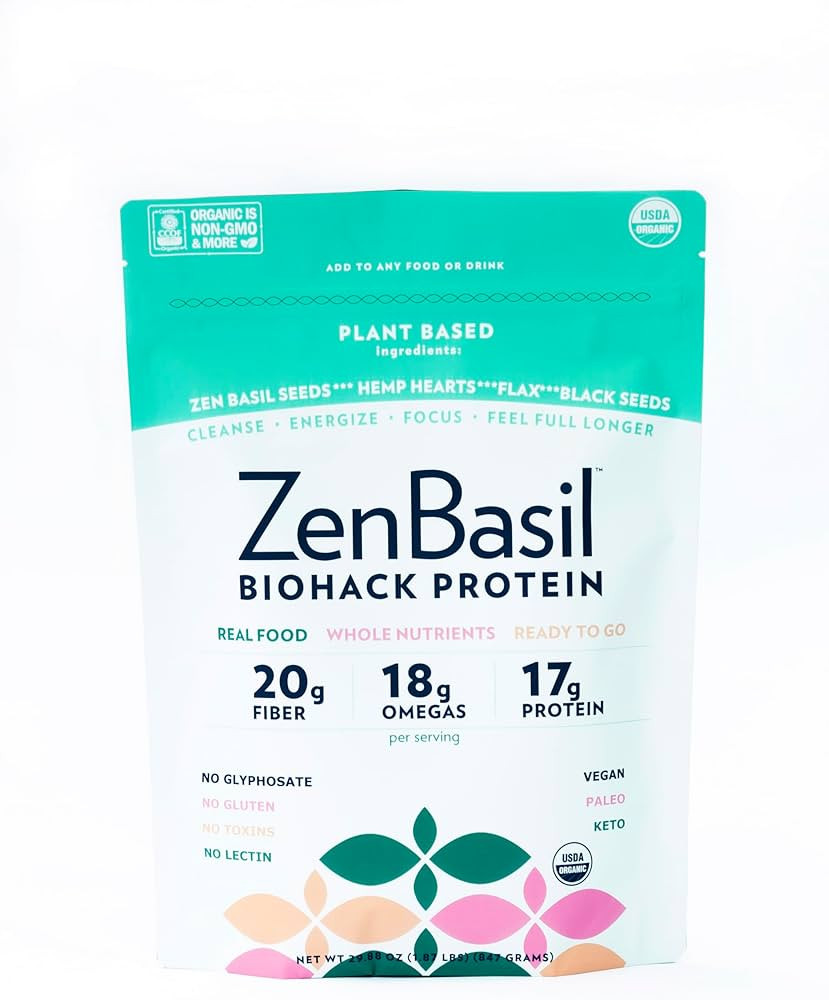 ZenBasil Biohack Protein - Zen Basil seeds, flaxseed meal, hemp hearts, black seeds | 20g fiber, ... | Amazon (US)