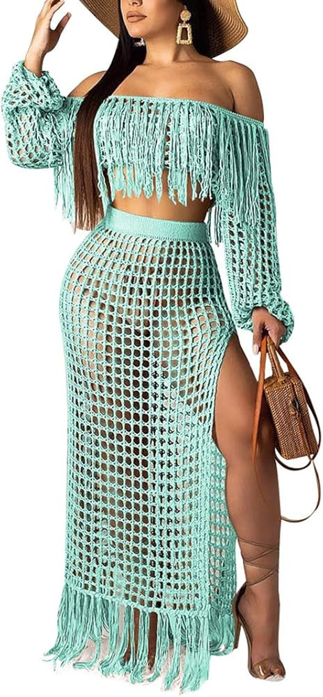 ECHOINE Women Sexy Two Piece Skirt Set - Tassel Hollow Out Off Shoulder High Split Cover Up Bikin... | Amazon (US)