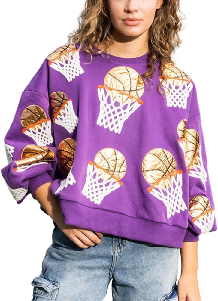 Womens Sparkle Basketball Hoop Sequin Sweatshirt Crewneck Oversized Long Sleeve Pullover Tops | Amazon (US)