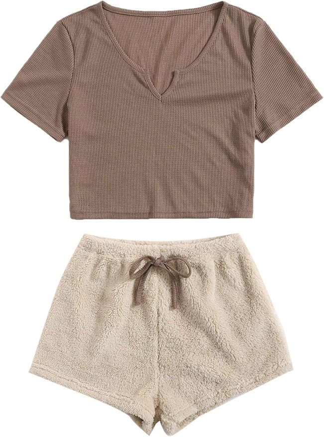 Milumia Women's 2PCS Pajama Set Notched Neck Short Sleeve Top and Flannel Shorts PJ | Amazon (US)
