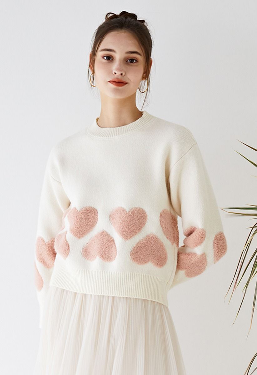 Tender Fuzzy Heart Jacquard Knit Sweater in Ivory | Chicwish