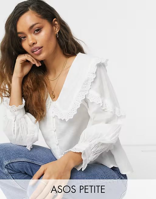 ASOS DESIGN Petite ruffle collar blouse with broderie trim in ivory | ASOS (Global)