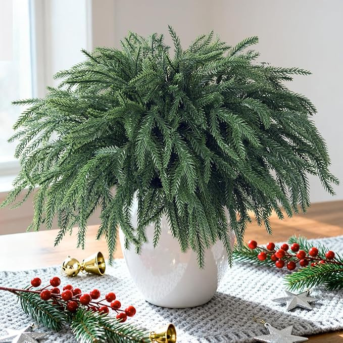 10 Pcs Christmas Norfolk Pine Stems Artificial Pine Branches, 16“ Real Touch Fake Christmas Gre... | Amazon (US)