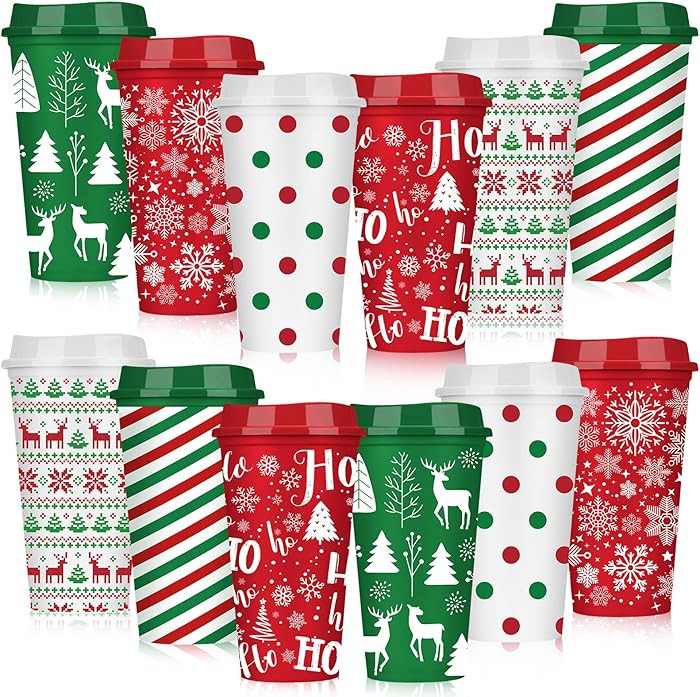 Pickmesh 12 Pcs Christmas Coffee Cups Gifts Bulk 16 oz Reusable Christmas Tree Snowflake Elk Patt... | Amazon (US)