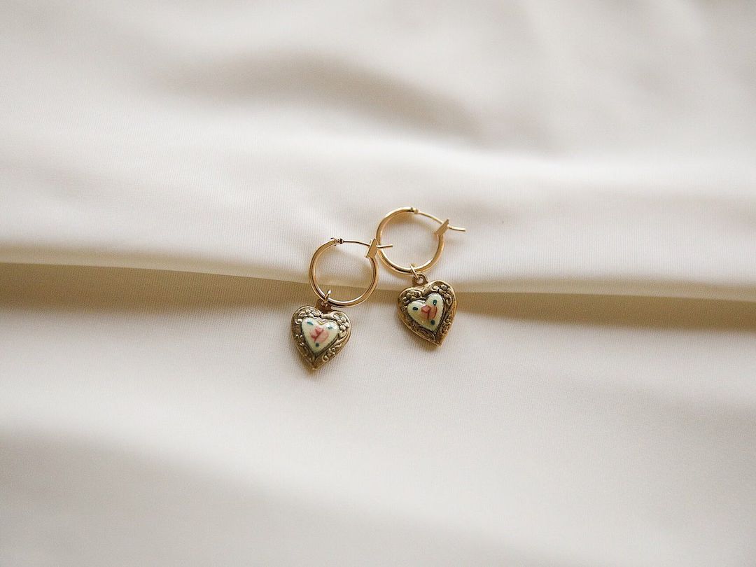 Vintage Puffed Heart Charm Earrings Gold Hoop Earrings Cute Earrings Gift for Her - Etsy | Etsy (US)
