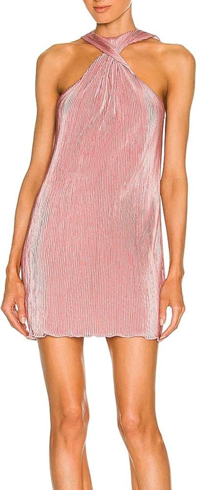 NUFIWI Women Pleated Mini Tank Dress Bodycon Sexy Sleeveless Ruched Short Dress Halter Neck Twist Fr | Amazon (US)