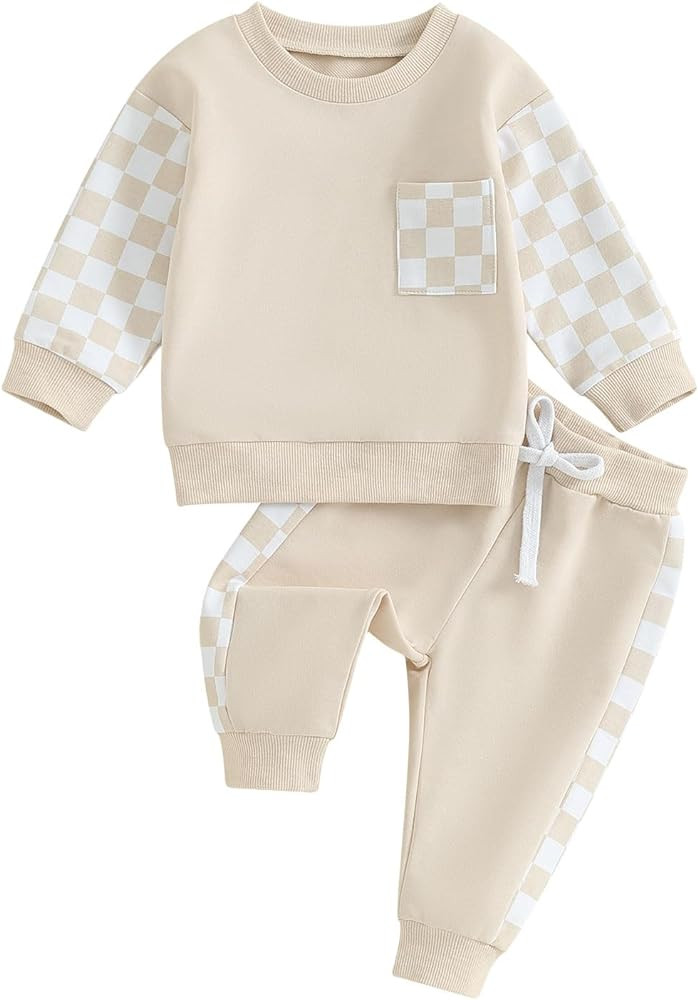 Toddler Girls Boys 2-Piece Fall Outfit, Infant Baby Plaid Long Sleeve Sweatshirt + Pants Set Kids... | Amazon (US)