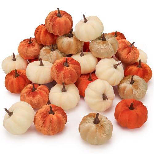 Folmywy 24 Pcs Faux Velvet Pumpkins Small Artificial Fall Harvest Pumpkin Decoration Fake Foam Fabric Pumpkins for Thanksgiving Halloween Fall Wreath Home Decor Table Vase Filler Wedding | Amazon (US)