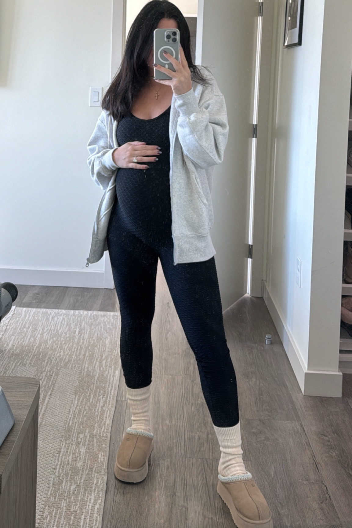 Onesie: OSFM
Sweatshirt: small
Uggs: sized up 1 size 

#LTKActive #LTKBump #LTKStyleTip