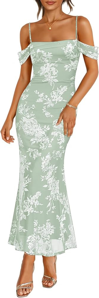 ZESICA Summer Floral Sleeveless Bodycon Maxi Dress 2026 Spaghetti Strap Mesh Wedding Guest Cocktail Party Long Dresses | Amazon (US)