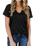 Black T Shirts Womens Vneck Spring Solid Tops Short Sleeves Pocket Tees L | Amazon (US)