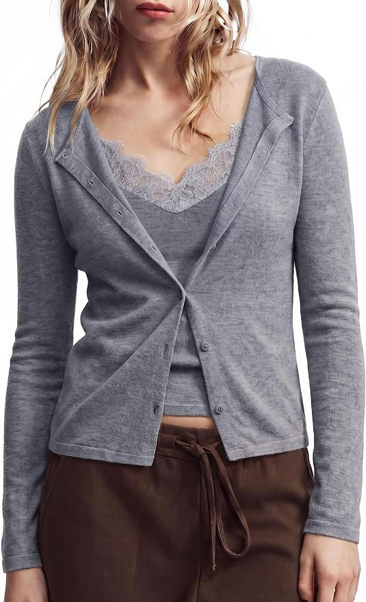 SUUKSESS Women Cashmere Blend Lace Sweater Button Down Long Sleeve Top | Amazon (US)