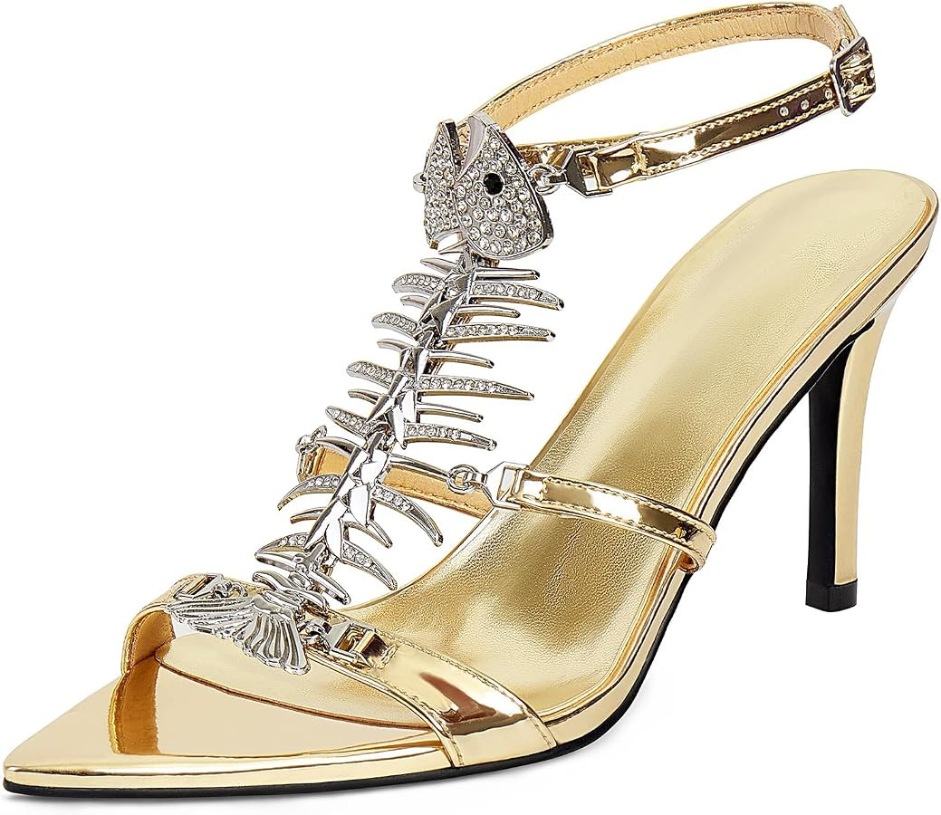 Strappy Heels for Women Stiletto High Heeled Sandals Fishbone Rhinestone Pointed Open Toe Sexy Dr... | Amazon (US)