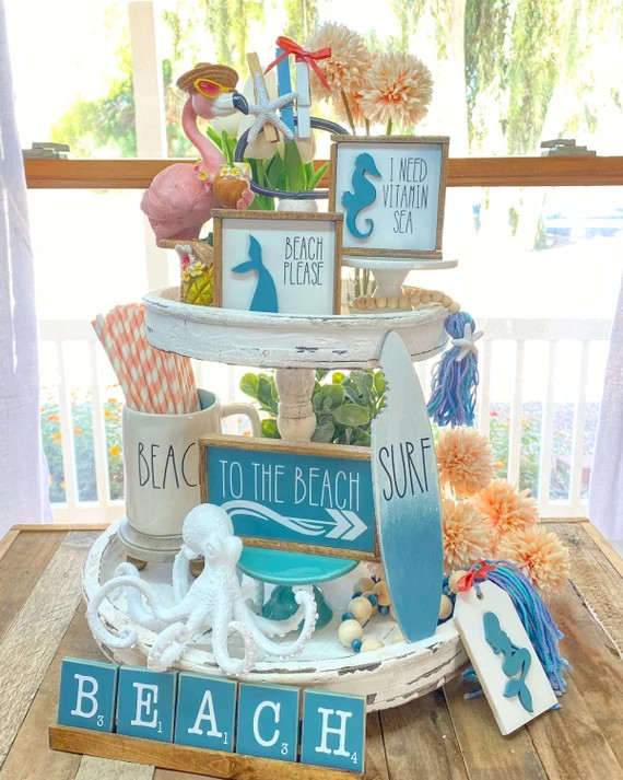 Beach / ocean coral, white, & teal tiered tray set! Mix and match items, mermaid garland, seahors... | Etsy (US)