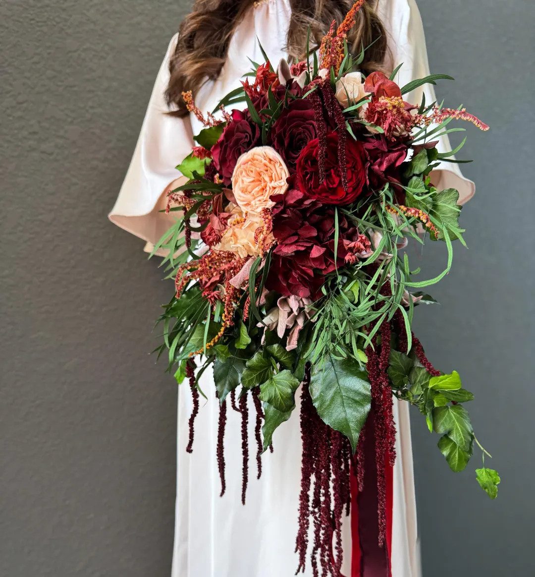 Cascading Bridal Bouquet, Dried Flower Wedding Bouquet, Marsala & Greenery Flowers, Preserved Wed... | Etsy (US)