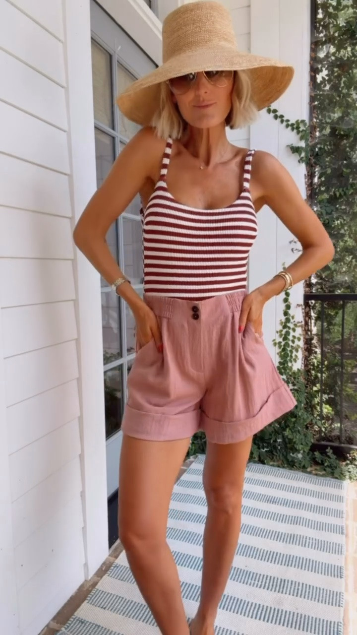 How fun is this color combo? I’ve been loving popping a fun color with brown and other neutrals! The material on the swimsuit is super flattering and these cuffed hem shorts can be dressed up or worn as a cover up! Wearing XS shorts/ S swimsuit

Loverly grey, Zara shorts, cover up women, vitamin a striped one piece, women’s swimwear, resort wear, cute cover up

#LTKSeasonal #LTKSwim #LTKTravel