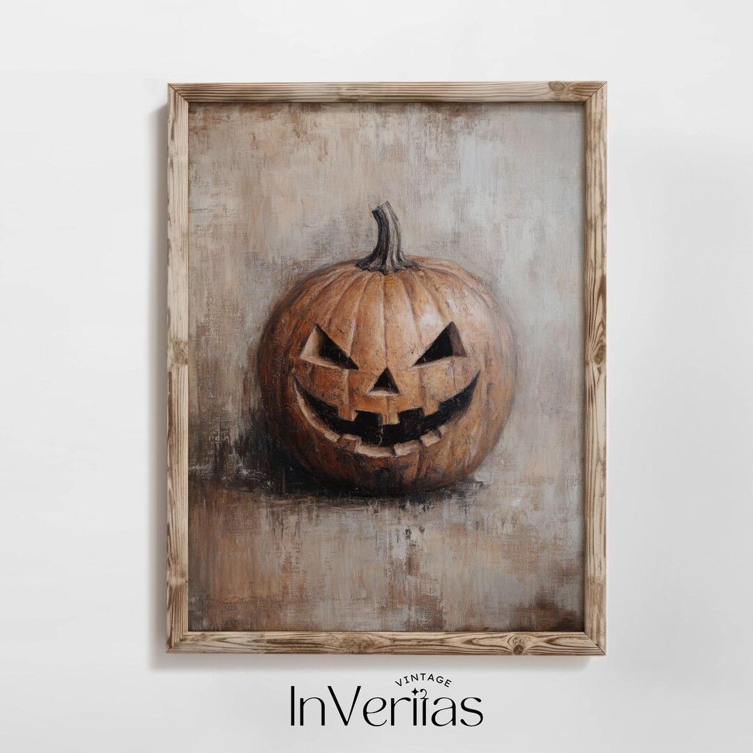 Rustic Jack-o-Lantern Pumpkin Vintage Drawing Halloween Wall Art | Primitive Old World Dark Cotta... | Etsy (US)