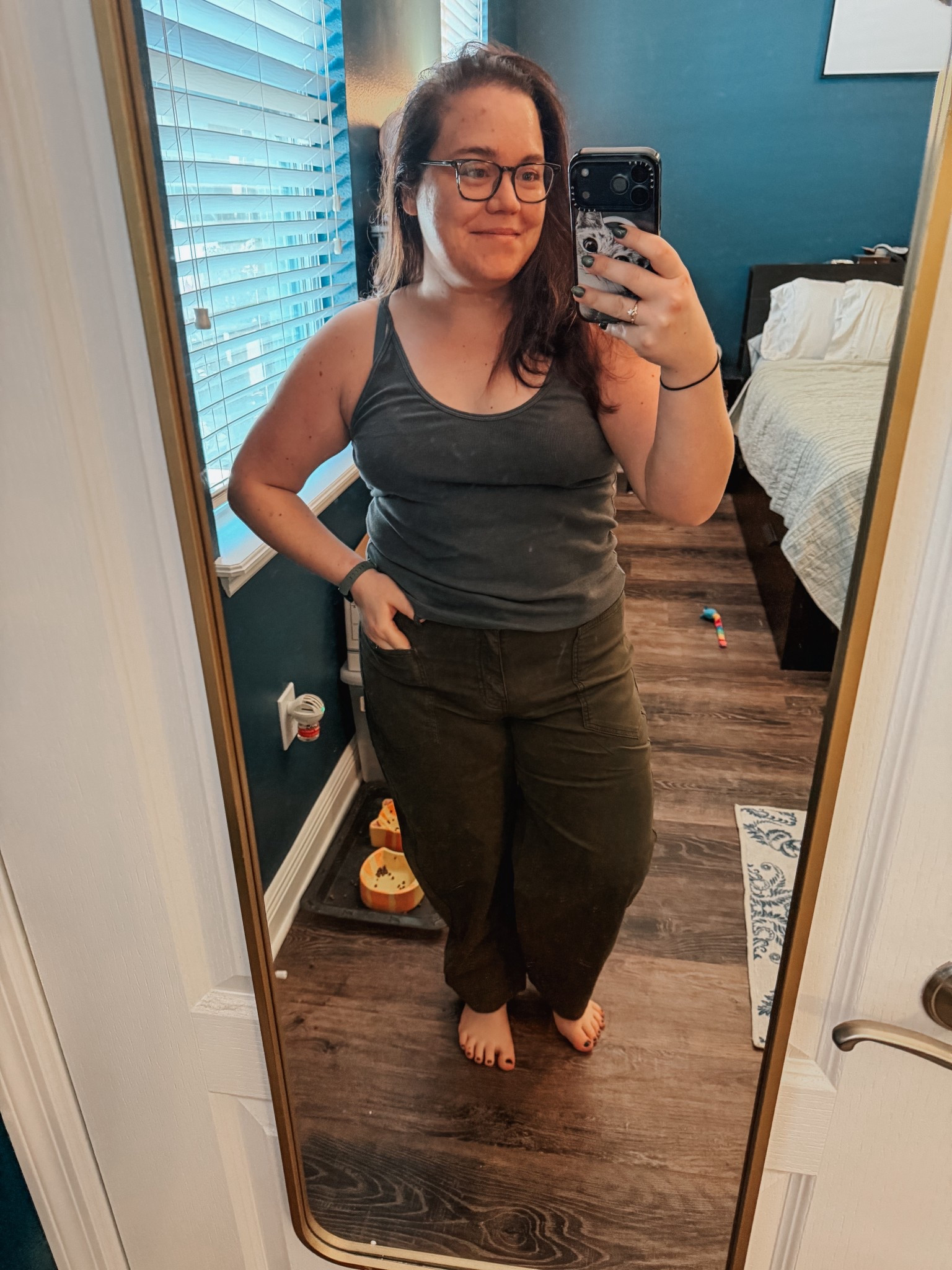 A quick mirror selfie to show off these great twill pants @Ruti sent me! #gifted I love the green, of course, and the fit — slimmer through the hips with their perfected barrel leg style kicking off at the base of the pockets. Lightweight with a little stretch, these fit true to size. I usually get their petite styles, but these are the regular length, and they still work for me. I might cuff the bottom, too — that’d be a cute added texture, I think! 

#LTKPetite #LTKMidsize #LTKootd