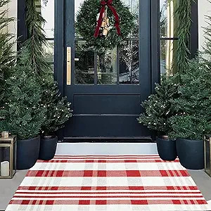 Christmas Door Mat Outdoor 27.5” x 43” Red and White Plaid Rug Christmas Decor Rug Cotton Han... | Amazon (US)