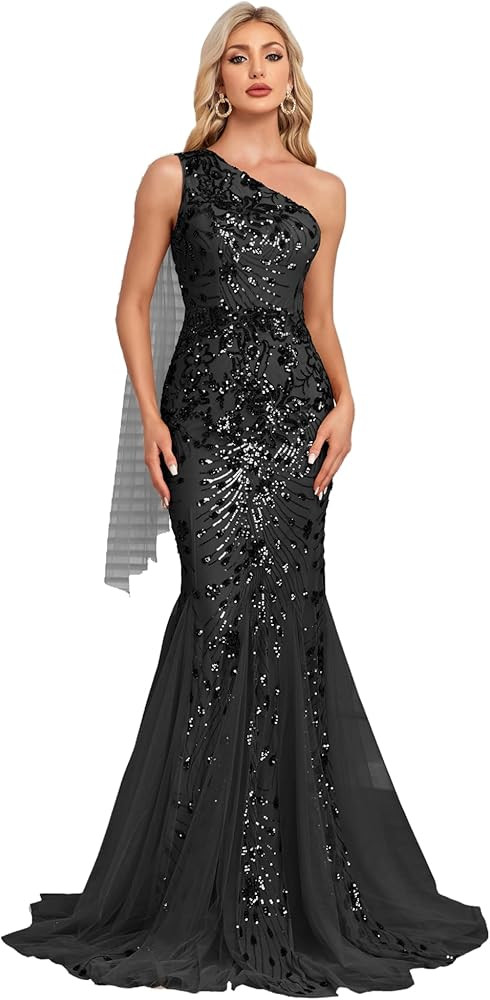 One Shoulder Glitter Mermaid Dress for Mother of The Bride Women's Sexy Sequin Formal Gown | Amazon (US)