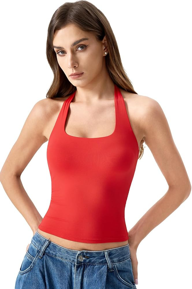 QINSEN Womens Halter Top Double Lined Tank Top Sleeveless Open Back Slim fit Going Out Tops | Amazon (US)